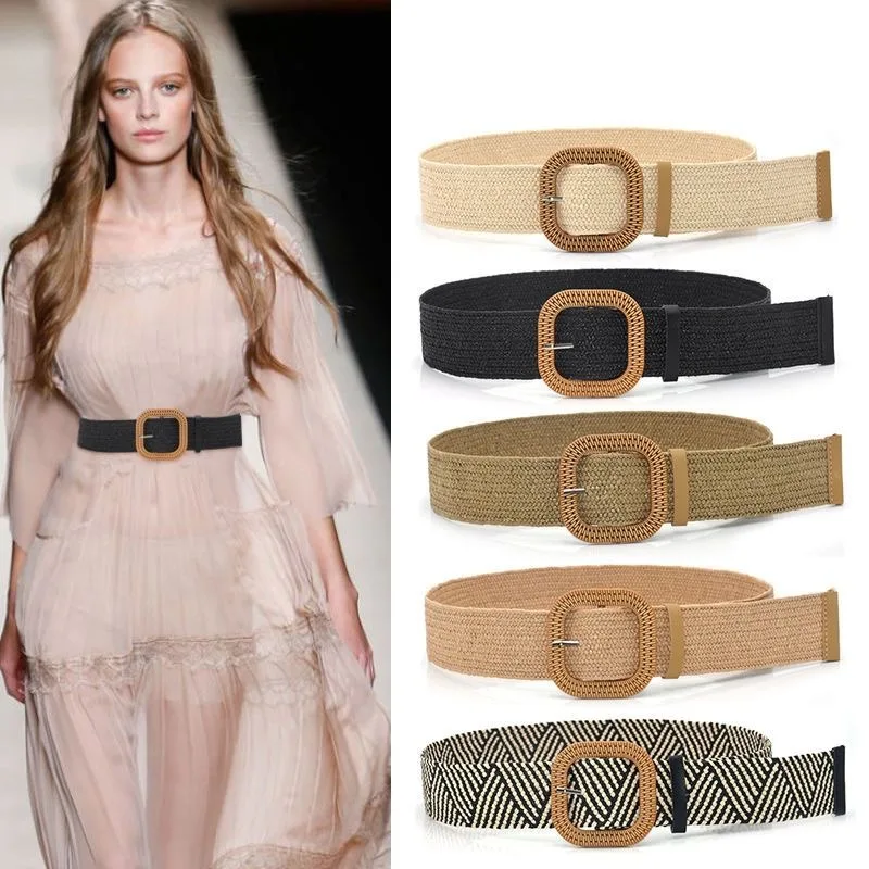 

Women Straw Belt Summer Bohemian Wide Belt Buckle Elastic Female Straw Waist Belts Beach Style Round Wooden Female Waist Belts