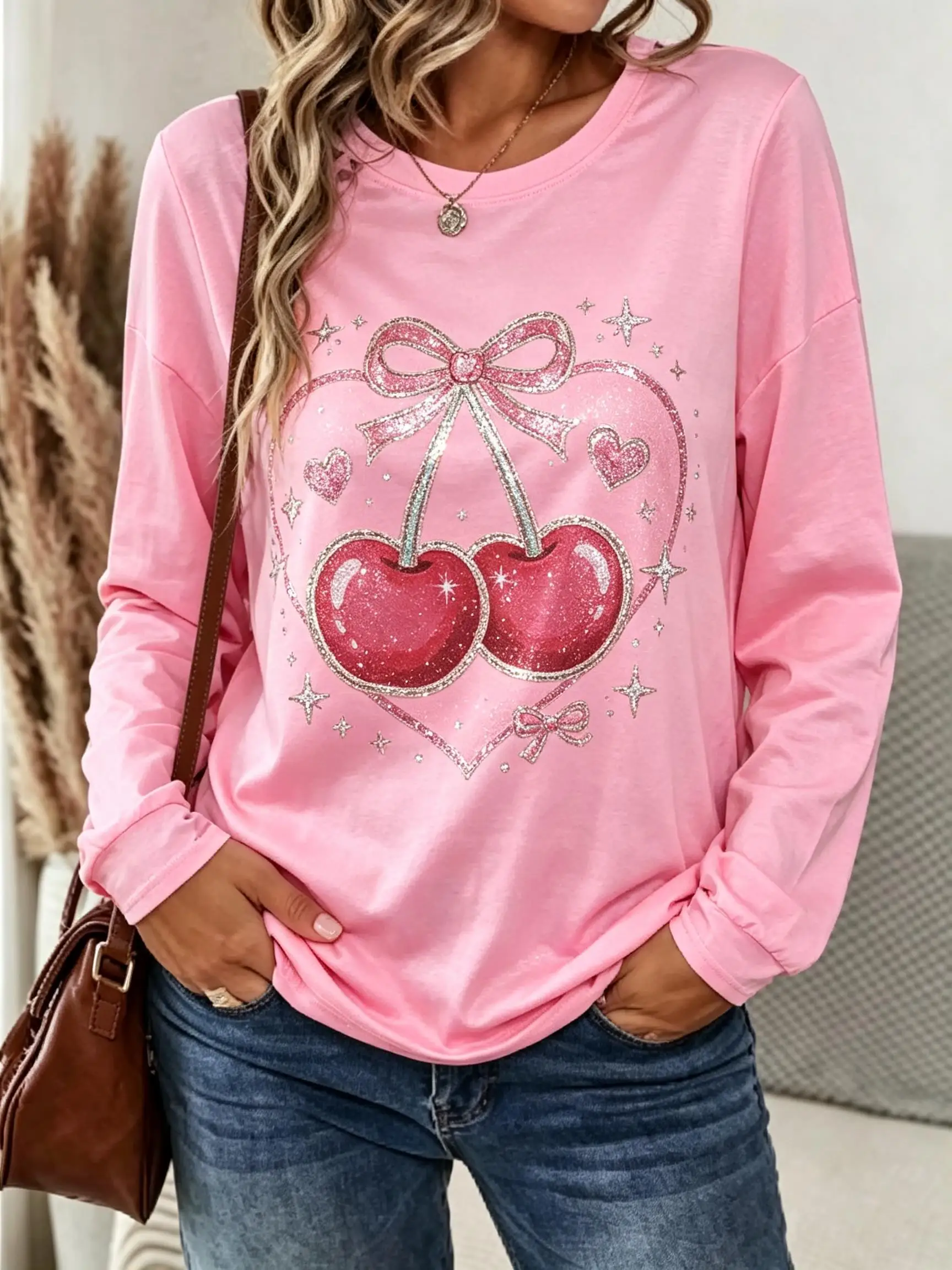 Women Long Sleeve Tee Top Pixel Heart Star Butterfly Lightning Print Autumn Fashion Casual Round Neck Sweatshirt Women's Clothes
