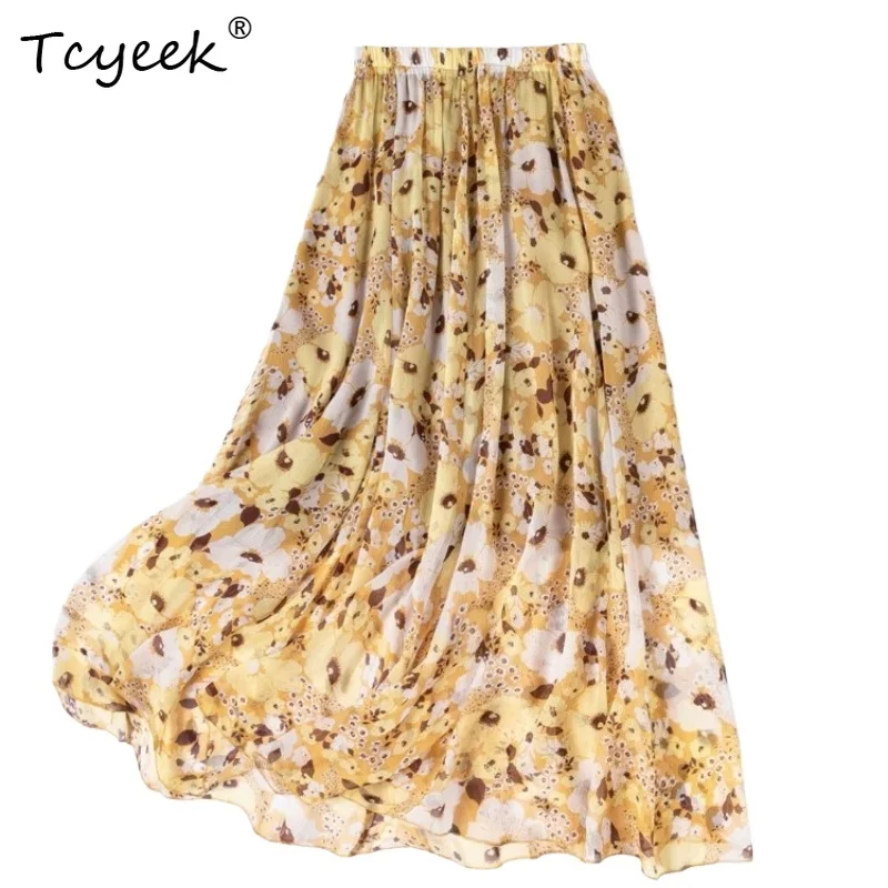

Женские юбки Tcyeek из 100% натурального шелка, весна 2026, с эластичной талией, струящиеся, двухслойные, пляжные, женская одежда, Faldones Para Mujer