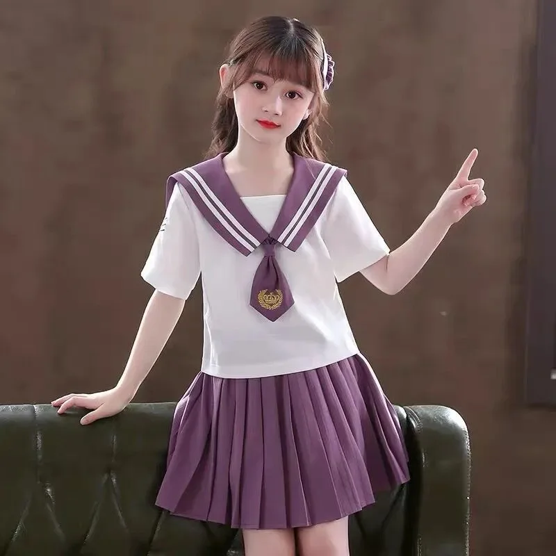 2024 new teens autumn Child School Girl JK Uniform necktie sailor strip Blouse Shirt + solid Pleated Skirt 2pc set 8 10 12 year