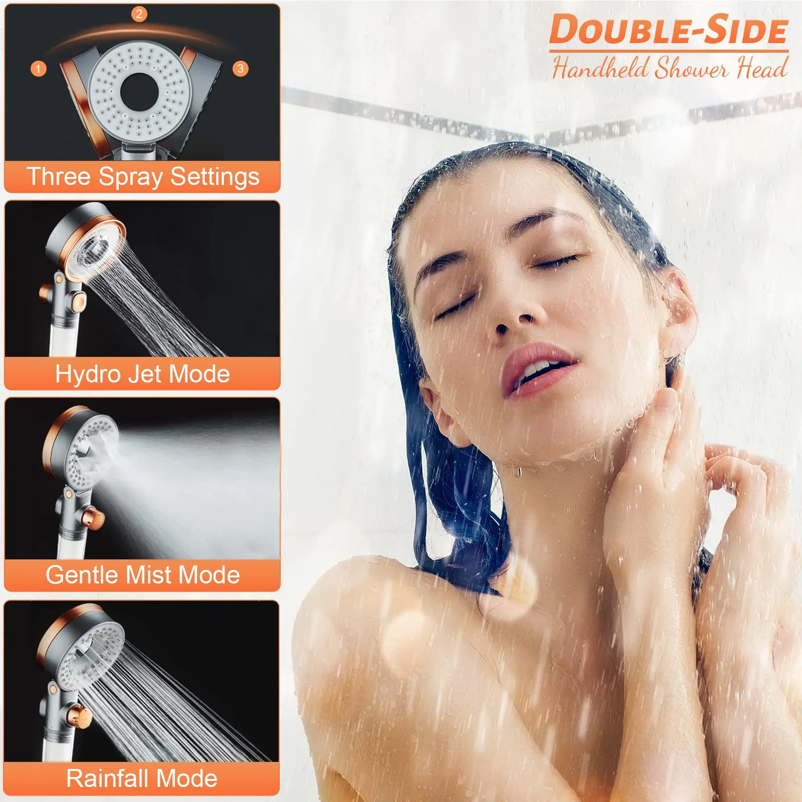 New Unique High Pressure Shower Head Double Sided Water Saving Filtration Round Rainfall Silicone Outlet Bathroom Shower Head