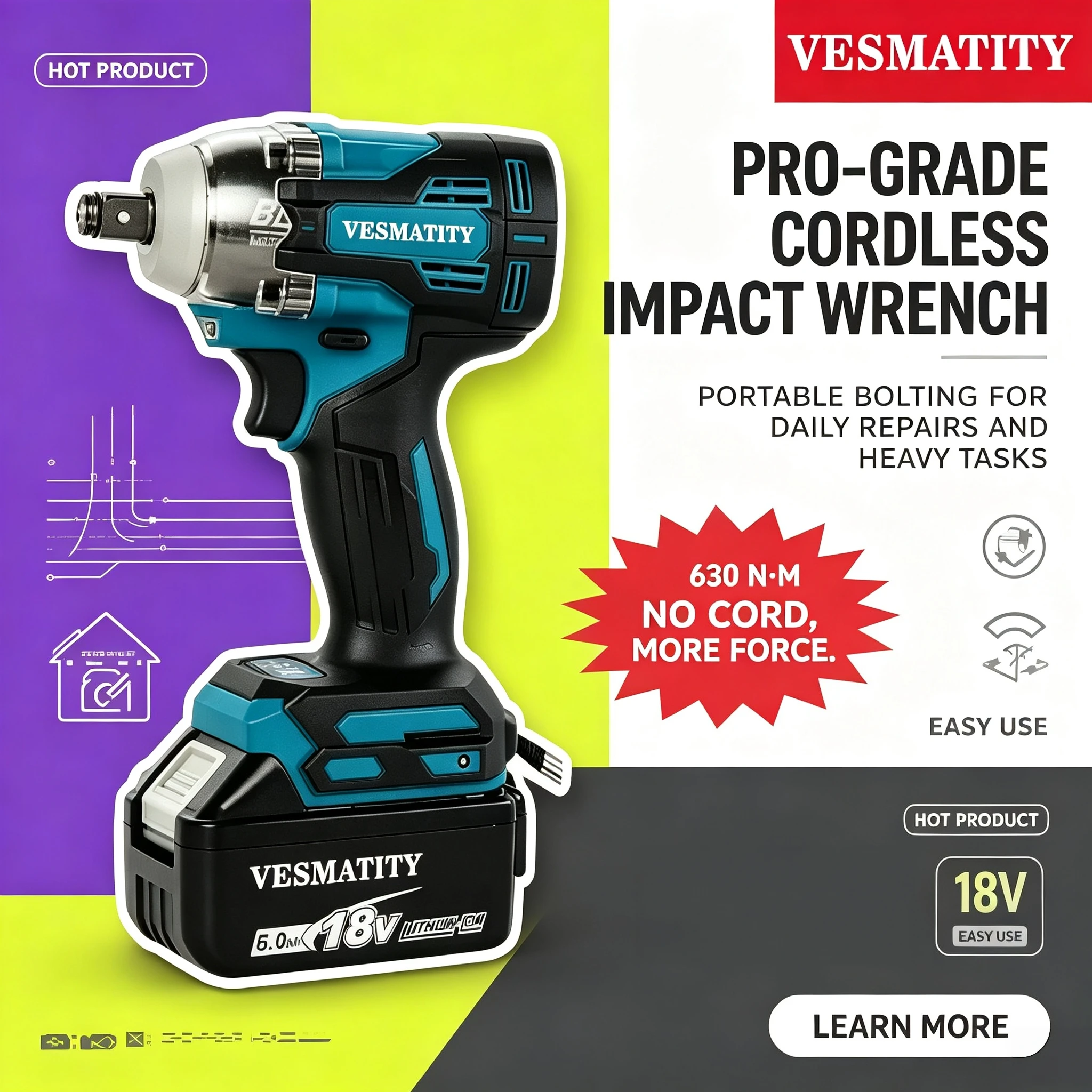 VESMATITY 18V TW004G Wrench Tools Impact Brushless Cordless Electric Wrench High Torque Rechargable Tool For Makita 18V Battery