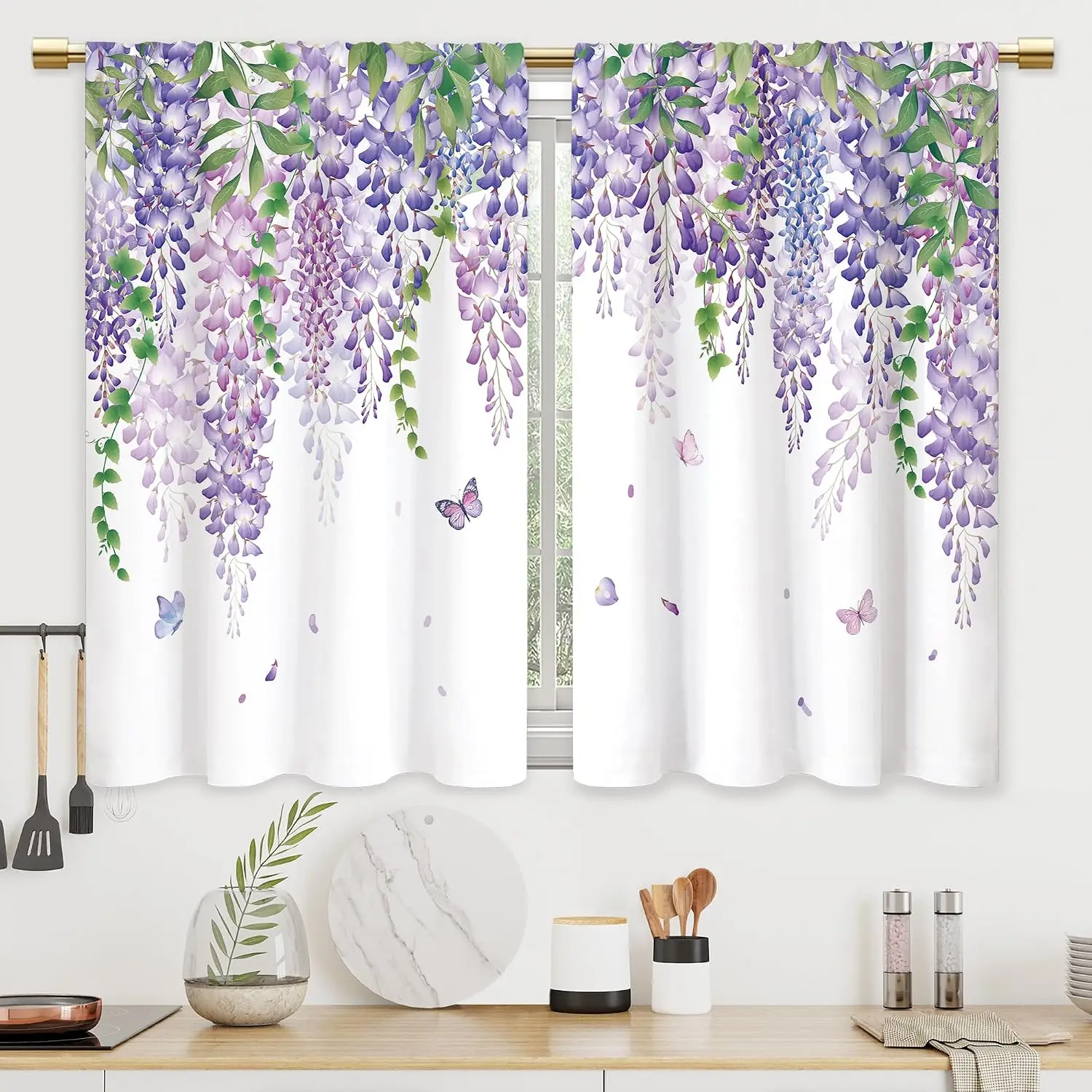Beautiful Purple Floral Wisteria Pattern Curtain 2pcs Window Panels for Living Room Bedroom Home Decor Design