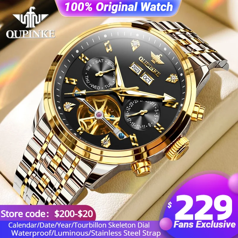 

OUPINKE Luxury Automatic Mechanical Men's Watch Business Original Skeleton Dual Calendar Men's Waterproof Watch Men's Watch