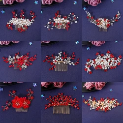 Red Crystal Hair Comb For Women Party Prom Pearl Hair Comb Clip Headband Bridal Wedding Hair Accessories Jewelry Hairpin Comb
