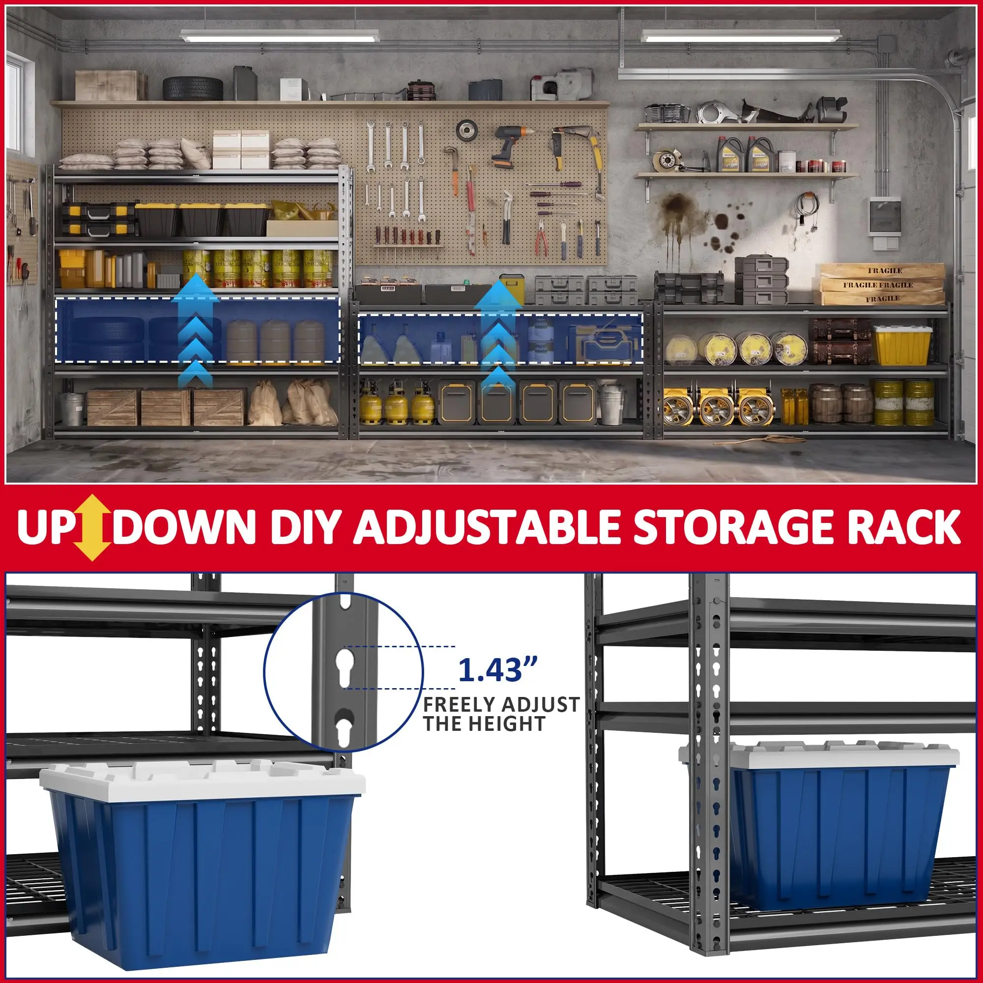 Heavy Duty Garage Storage Shelving, 5-Tier Adjustable Metal Shelving Unit, 3030LBS Load Capacity, 48