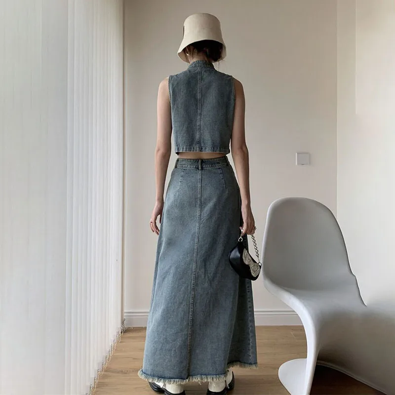 Summer New Denim Skirt Set Vintage Standing Neck Sleeveless Short Tank Top Women's Versatile Simple Denim Half Skirt 2-piece Set