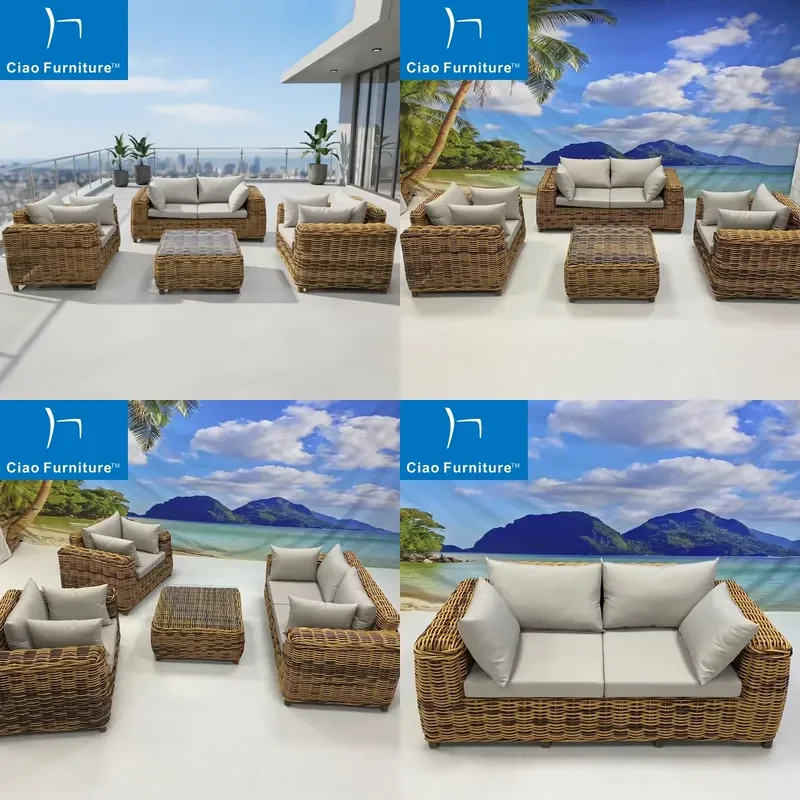 2026 Foshan Garden Terrace Furniture Patio Weatherproof Outdoor Wicker Rattan Sofa Set