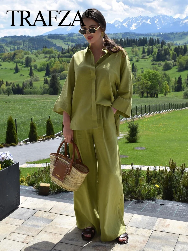 TRAFZA Women Casual Solid Loose Shirt Trouser Suit 2024 Long Sleeve Lapel Shirts Elastic Waist Wide Leg Trousers Office Lady Set