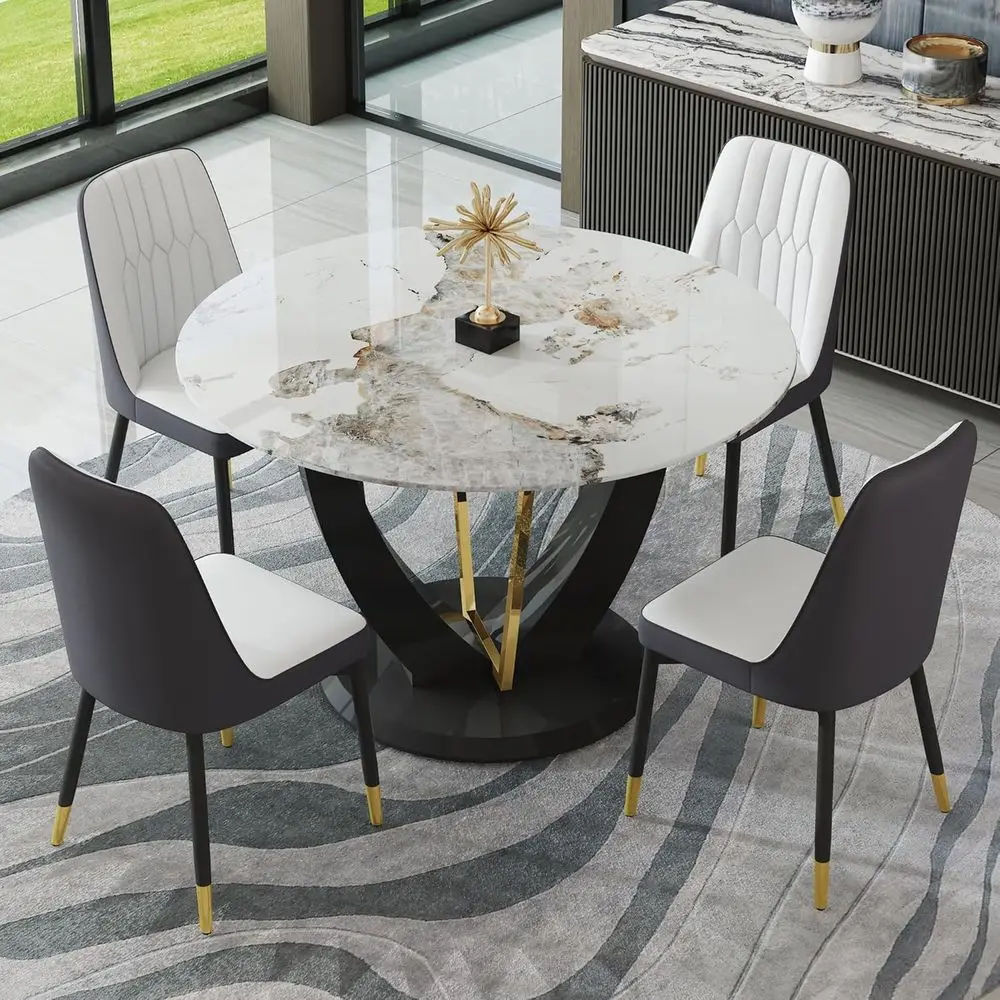 

48 Round Marble Dining Table Set with 4 Chairs and Metal Legs