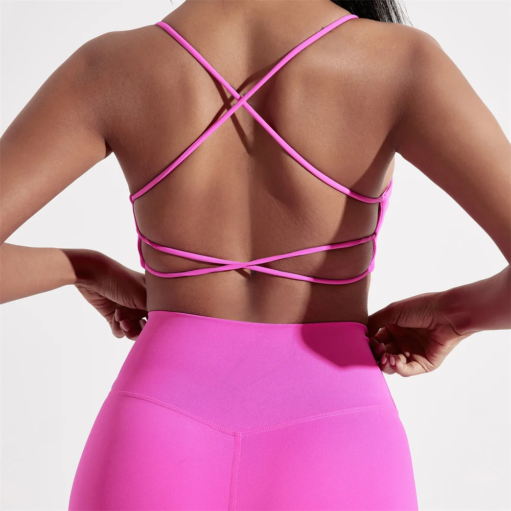 sexy Solid Color Soft Women Fitness Sports Bra Top Gym Yoga underwear cross Back Cutout Athletic Tight Workout With Chest Pad