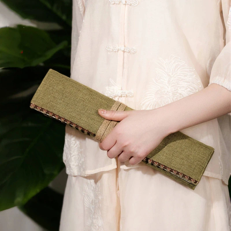 Picture 7: Cotton Linen Calligraphy Brush Roll Case Chinese Style Large Capacity Storage Bag Portable Calligraphy Painting Brush Roll Pouch