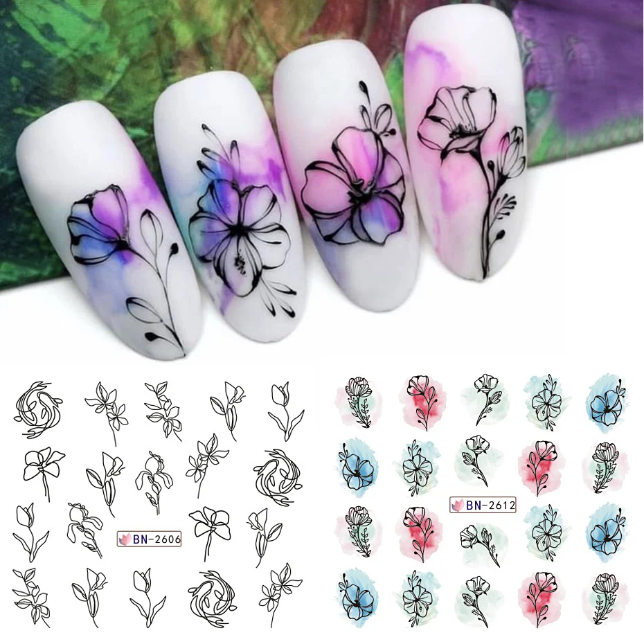 الزهور المائية يترك ملصقات الأظافر خط الهندسة الكتابة على الجدران رسمت الملونة المنزلق نقل المياه الشارات مانيكير الديكور