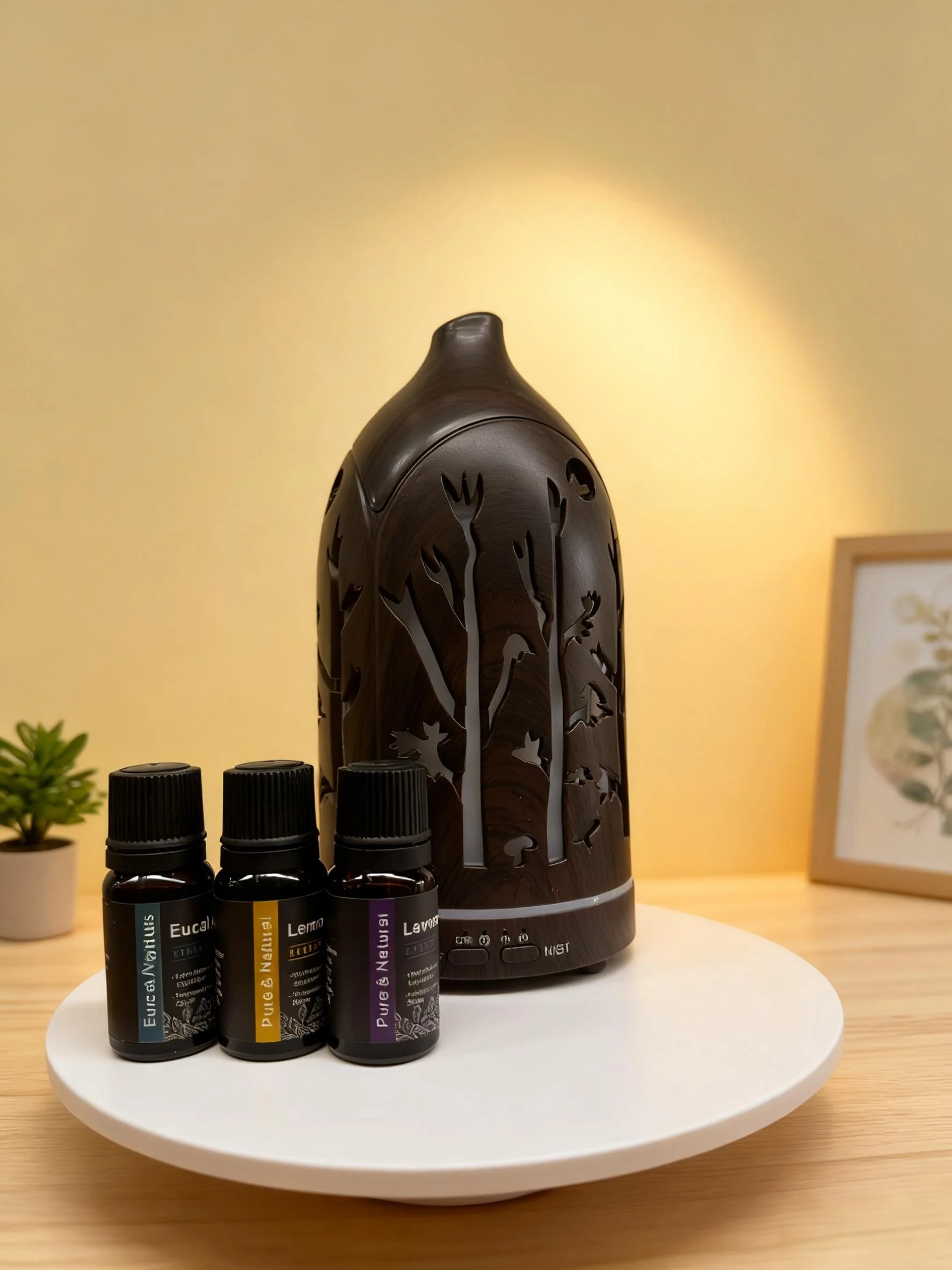 

Тихий ультразвуковой диффузор Whisper с автоматическим отключением включает в себя 3 эфирных масла