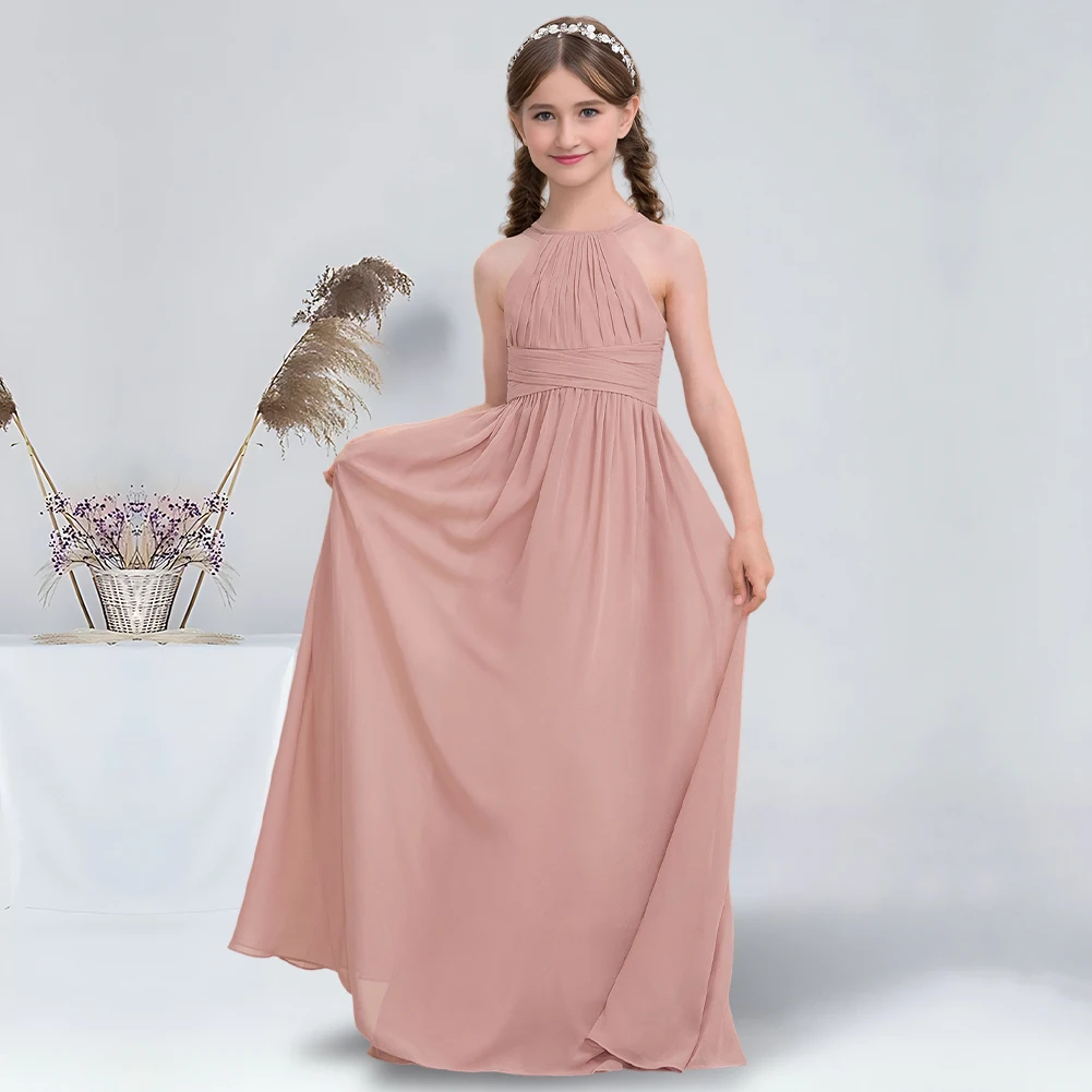 A-line Halter Floor-Length Chiffon Junior Bridesmaid Dress Graceful Dusty Rose Flower Girl Dress for Wedding  Communion Dresses