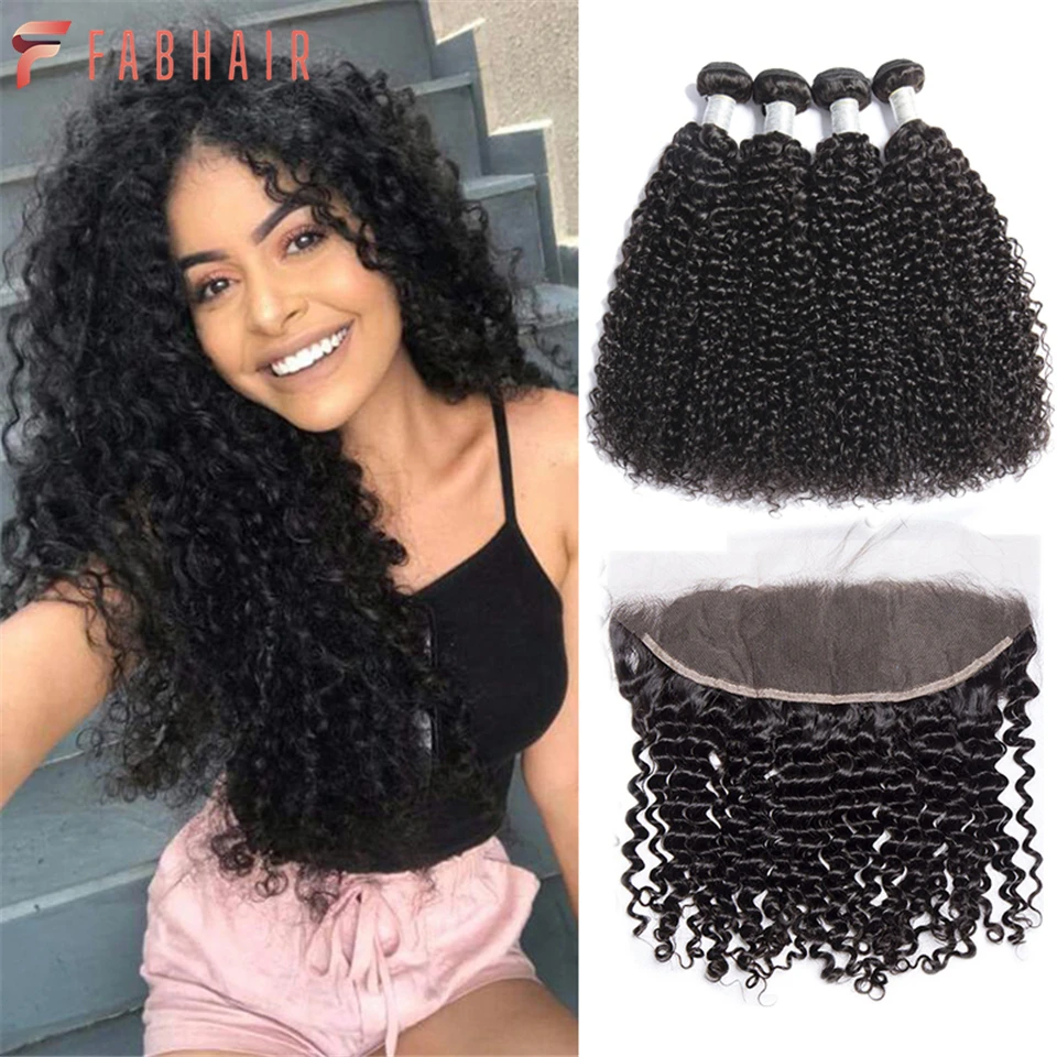 

FABHAIR Kinky Curly Human Hair Bundles With Frontal HD Transparent 13x4 Brazilian Jerry Curl Weave and Frontals Natural Black