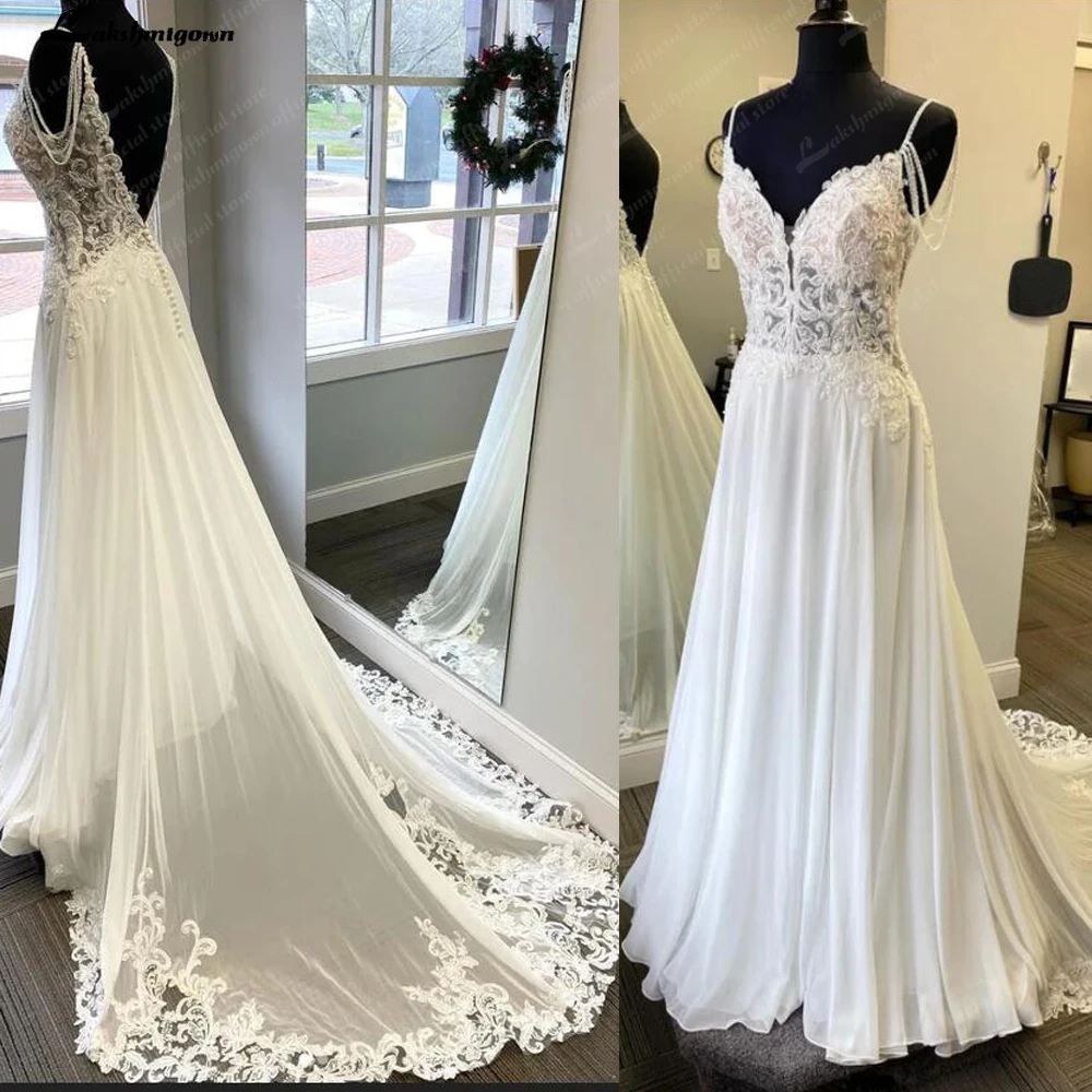 Lakshmigown Chiffon Spaghetti Straps Lace Boho Wedding Dress for Women 2024 V Neck Beads Bridal Gown batas de novia para boda