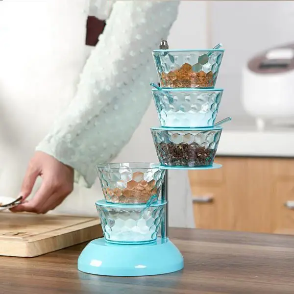 Vertical Rotatable Seasoning Box With Transparent Rotating Design Spice Box For Salt Jar Spoon Rotary Storage Rack Kitchen Tools