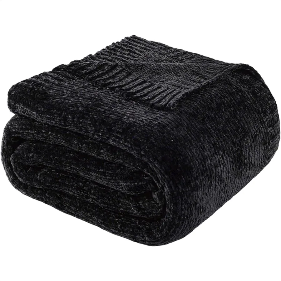 

Black Throw Blanket for Couch Woven Chenille Throw Blankets for Bed Chair Sofa Black Knitted Blanket Cozy Soft Blanket 51x67