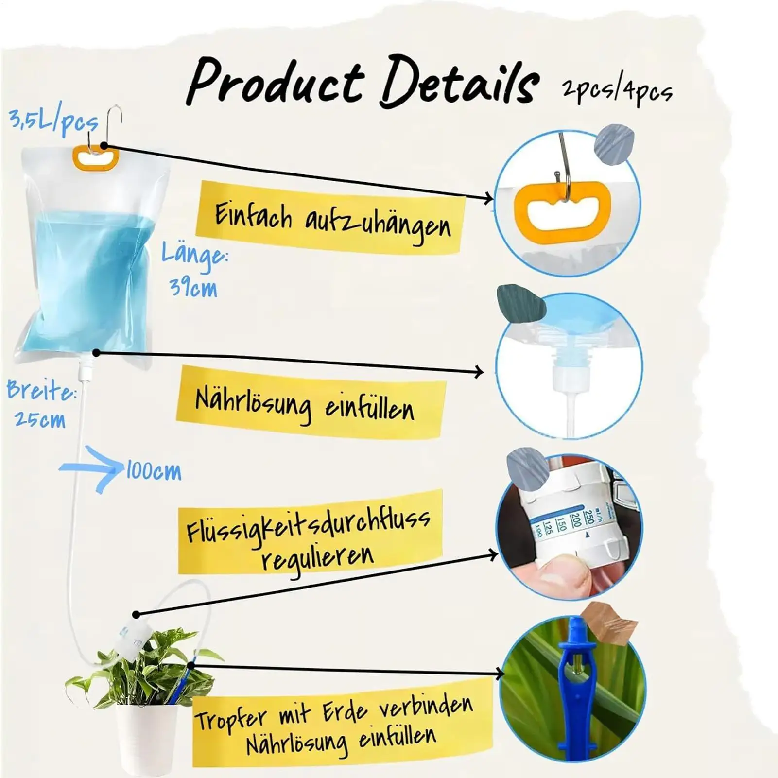 

Мешки для полива растений Автоматическая система полива растений с регулируемым потоком Труба 39,3 дюйма 3,5 л Мешок для капельной воды для цветочного горшка