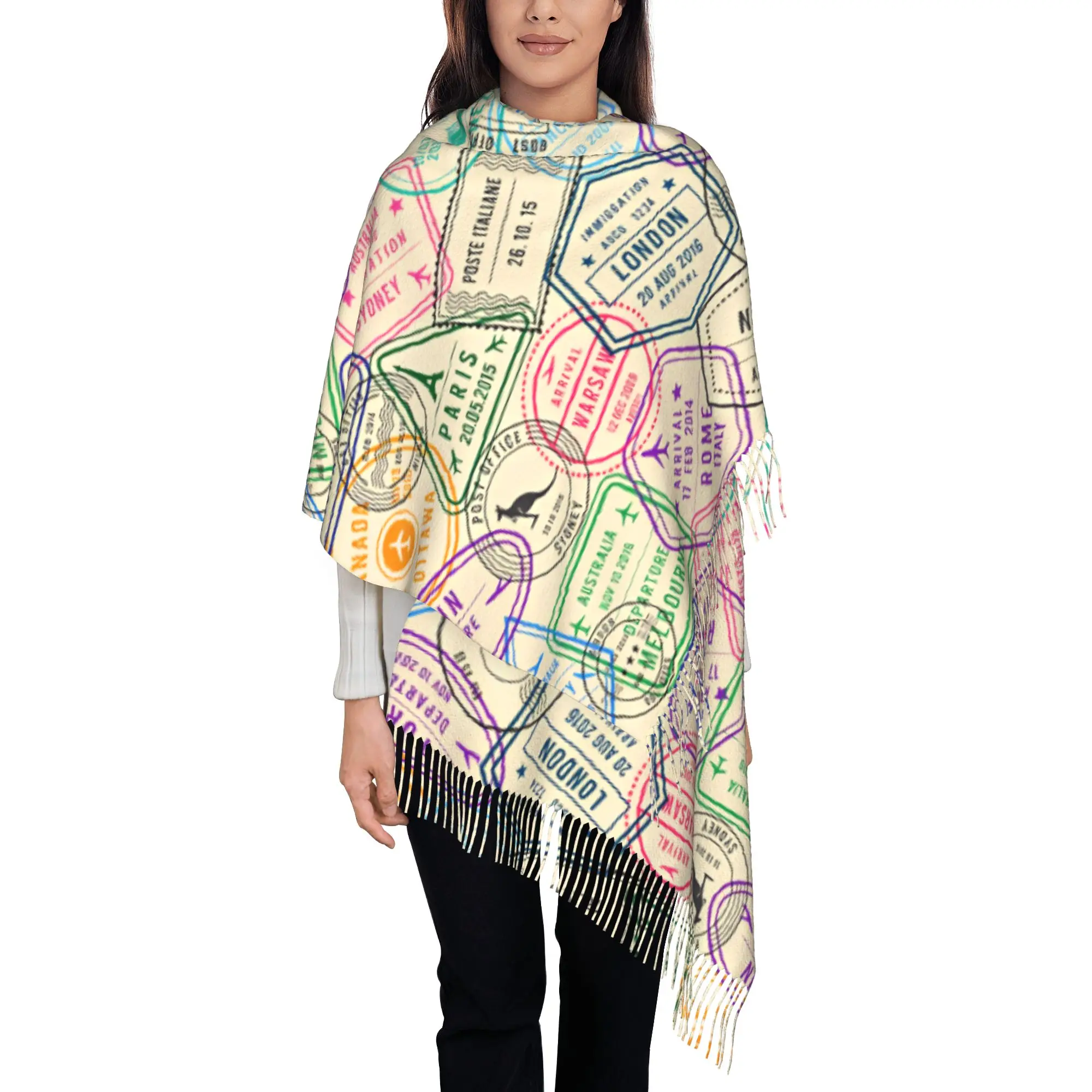 Custom Vintage City Landmark Travel Collage Passport Stamps Tassel Scarf Women Winter Fall Warm Shawls Wraps Female  Scarves