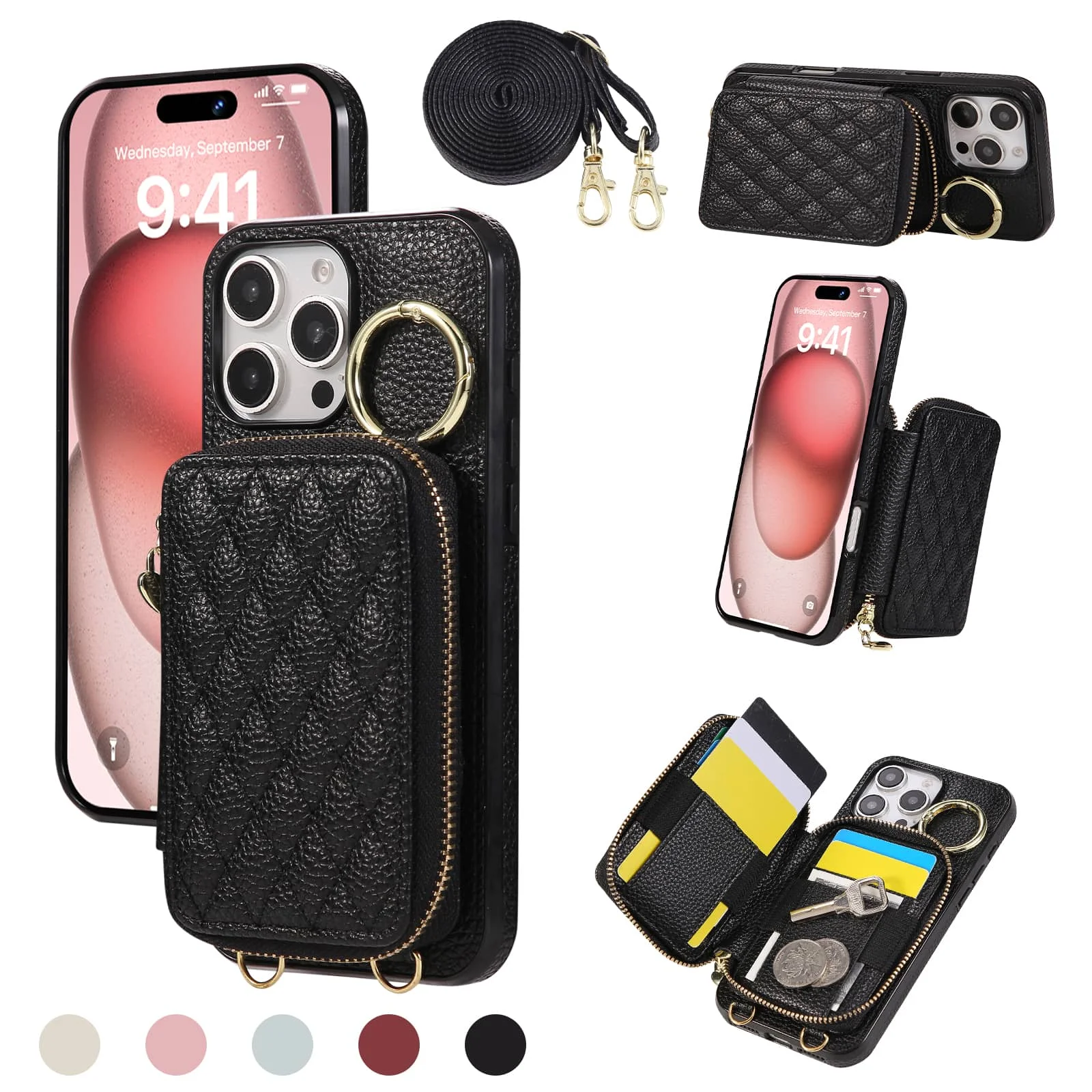 

Crossbody Wallet Case for iPhone 16e/16/15 Pro Max 16 Plus, Zipper Handbag Purse Flip Cover, Kickstand Folio Case with Card Slot