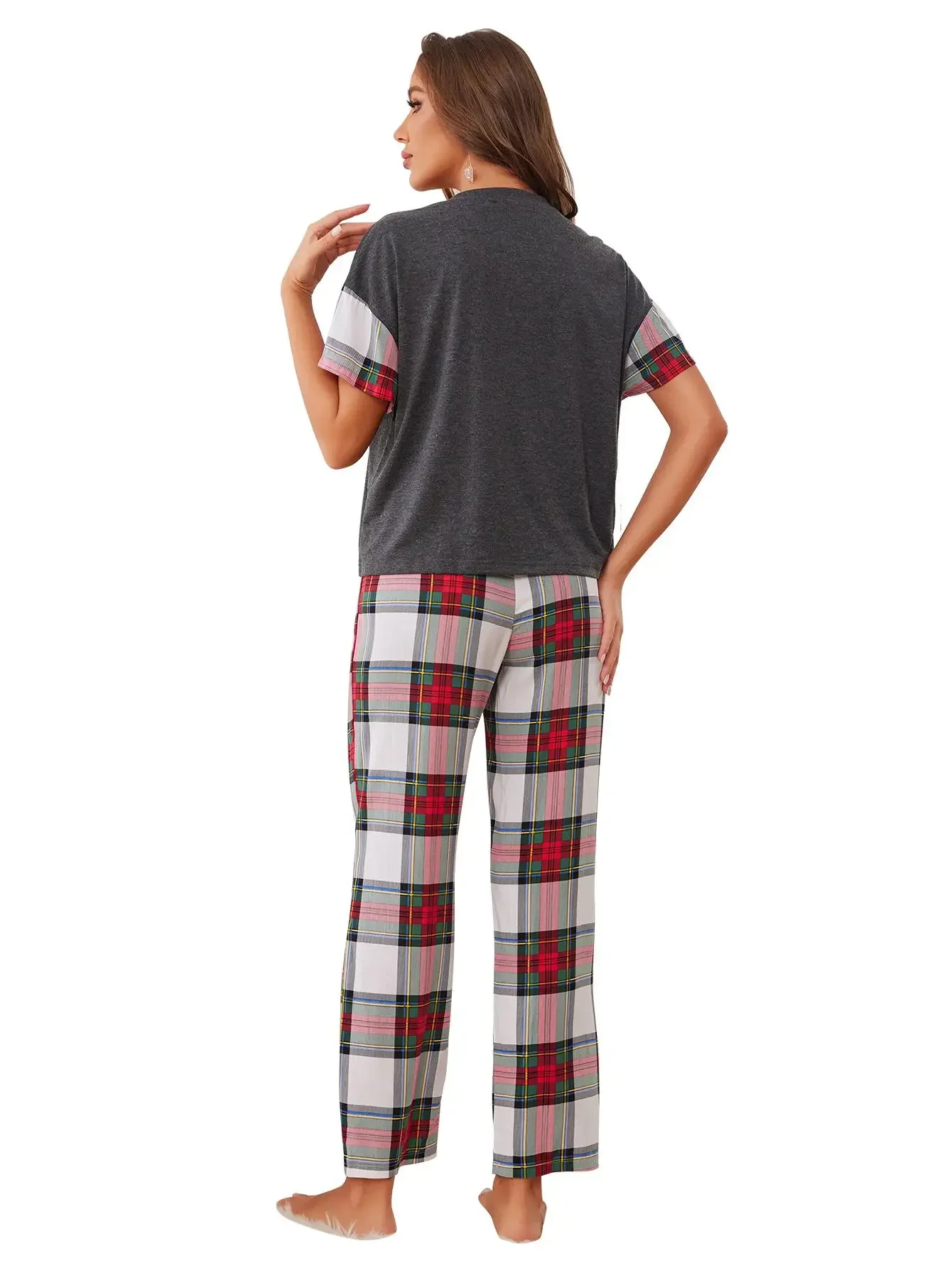 Women Pajama Sets Short Sleeves O Neck Top&Full-Length Plaid Pants Female 2 Piece Female Sleepwear Nightwear Homwear With Pocket