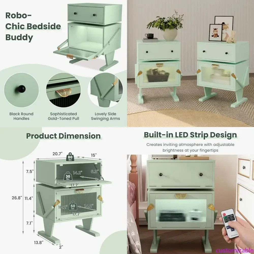 

Пара современных зеленых прикроватных тумбочек со светодиодной подсветкой и поворотными стеклянными ящиками