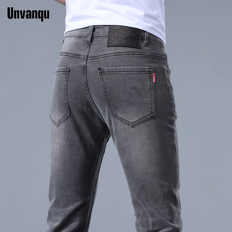 

Unvanqu Spring Summer High Quality Simple Gray Jeans Men's Office Business Casual Stretch Slim Retro Small Leg Denim Trousers