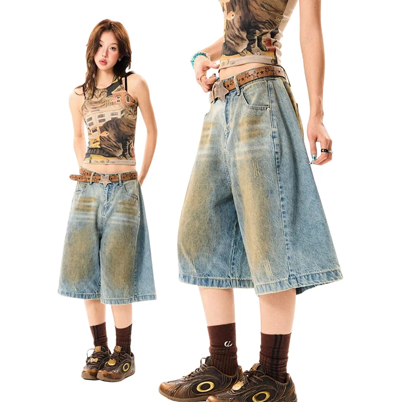 

YIBASHU 2026 Summer Women American Vintage Tomboy 2000s Jorts Denim Shorts Harajuku Jean Cargo Pants Kpop Y2k Grunge High Street
