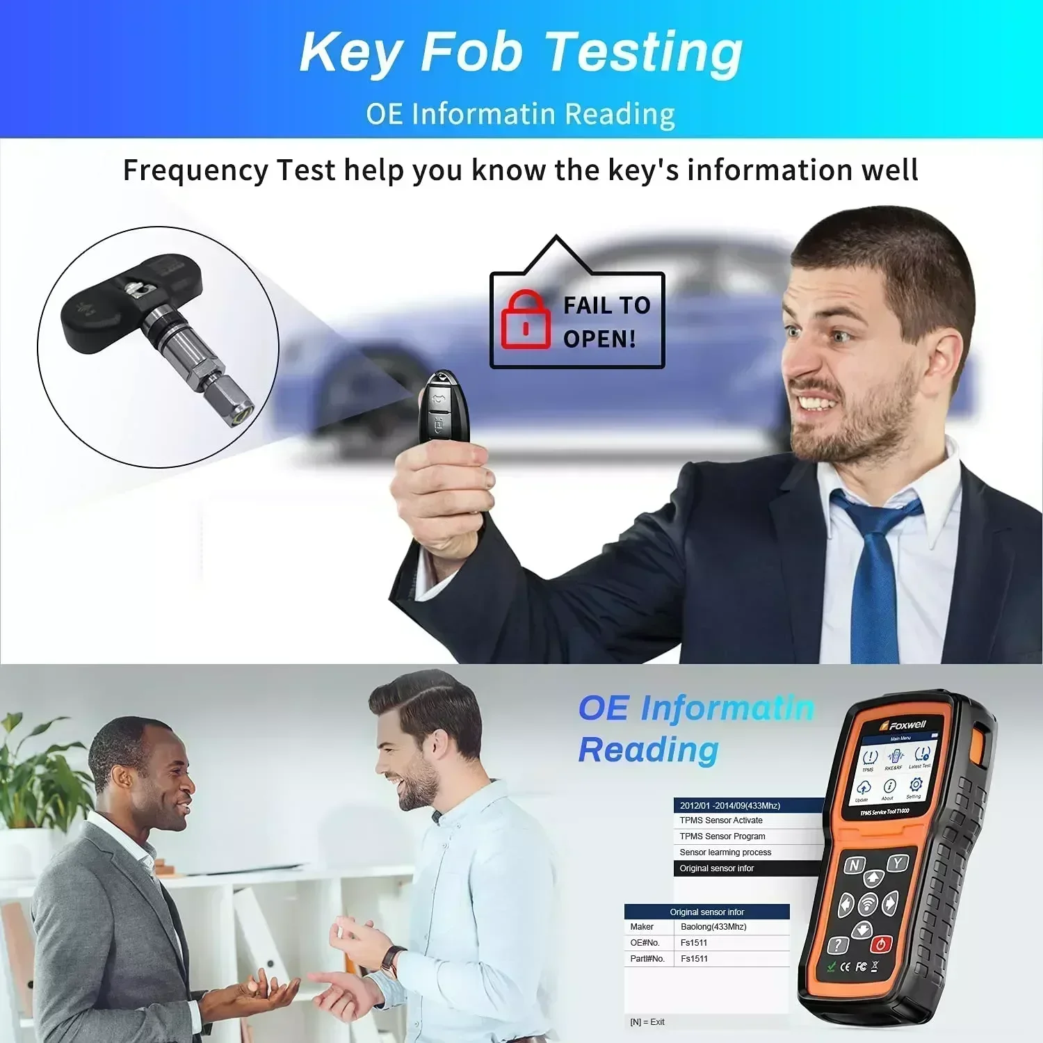 Foxwell T1000 TPMS Tool Sensors Programming Activate Check RF Key FOB Tmps Tire Pressure Monitoring System Auto Tester PK NT650