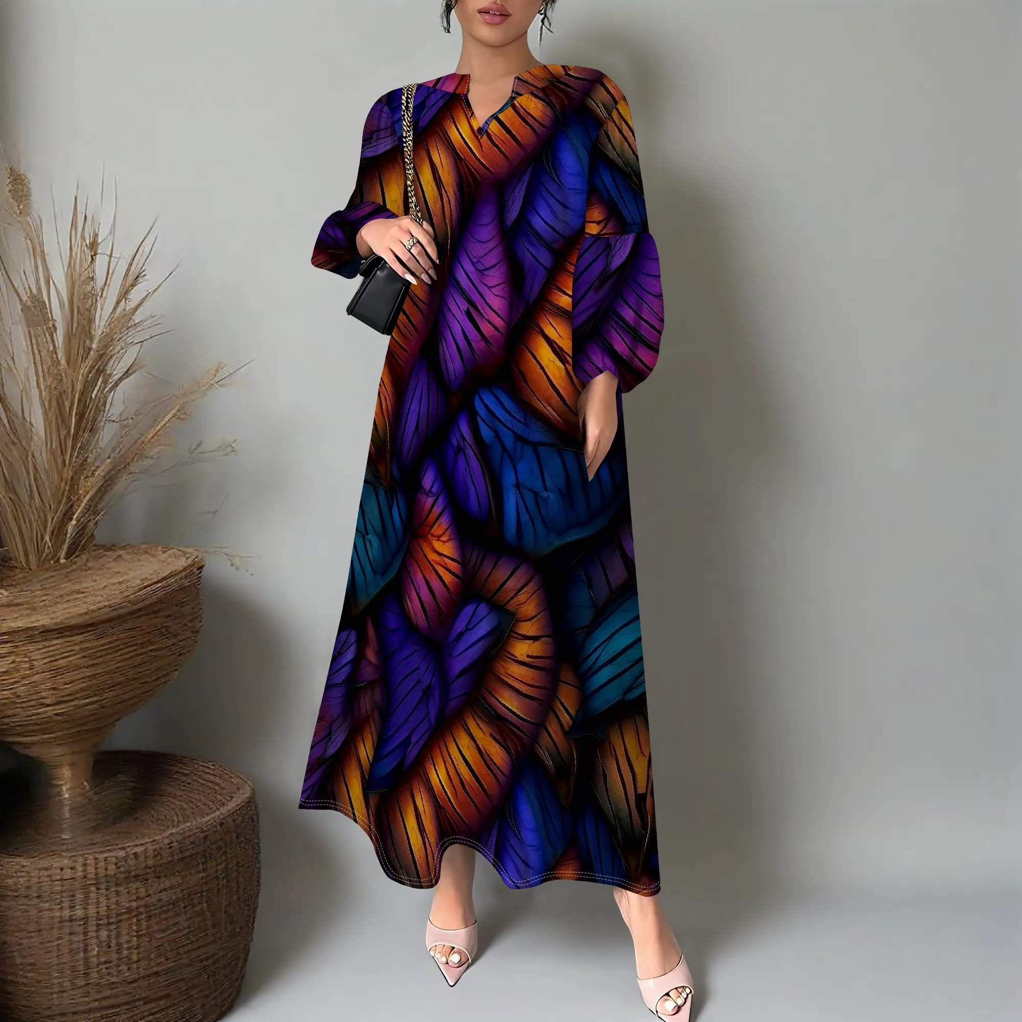 

Plus Size Women’s Long Sleeve Maxi Dress 2025 Elegant Butterfly Wing Print Fall Night Party Dress Loose Fit XS-3XL