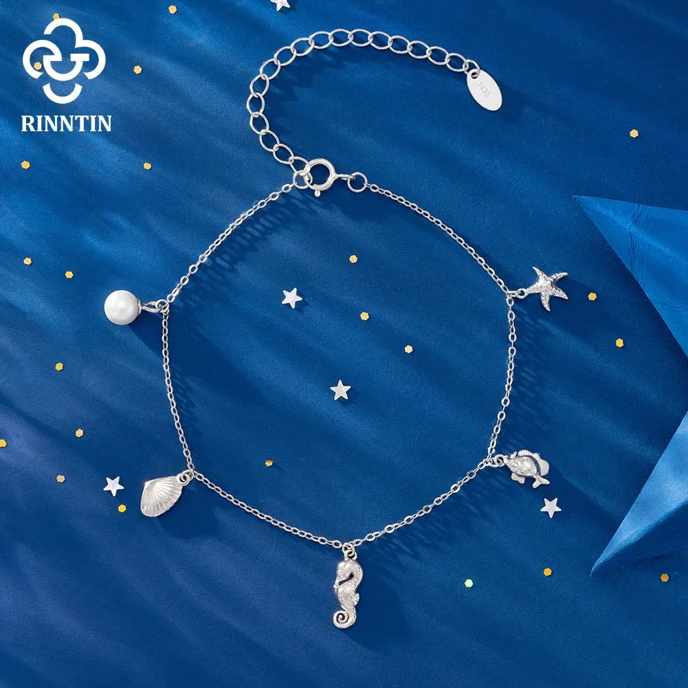 Rinntin Unique Seahorse Starfish Shell Bracelet for Women 925 Sterling Silver Handmade Pearl Thin Bracelets Jewelry APB02