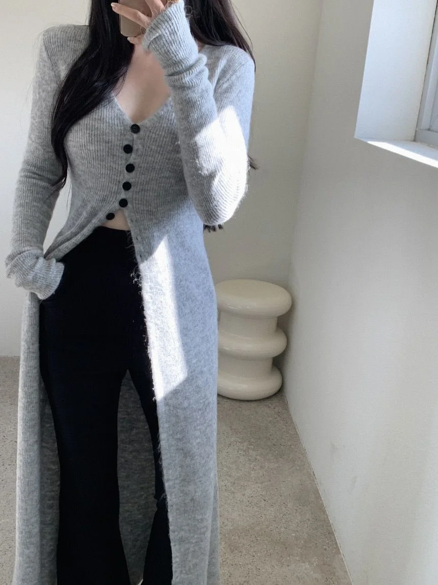 

Knee Length Pullovers Goth Sweaters Jumpers Women Fuzzy Round-Neck Casual Ladies Sporty Knitwear Lattice Cuffs Placket Front Ins