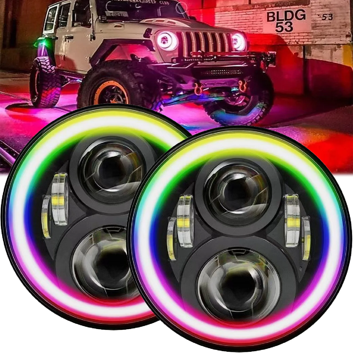 

7-дюймовый универсальный автомобильный джип, круглый проектор, фары «ангельские глазки», фары дальнего света для мотоцикла Harley Davidson Jeep Off Road 4X4