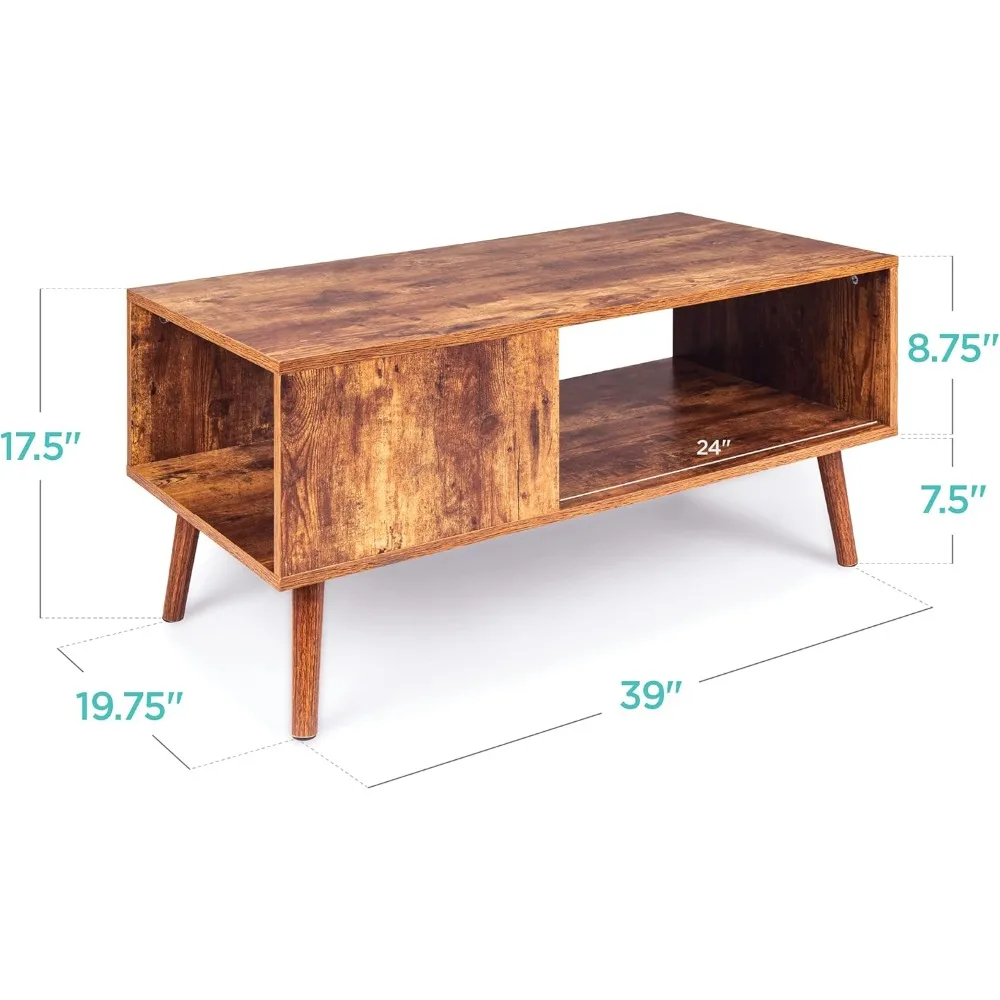 Wooden Mid-Century Modern Coffee Table, Accent Furniture for Living Room, Indoor, Home Décor w/Open Storage Shelf, Wood Grain