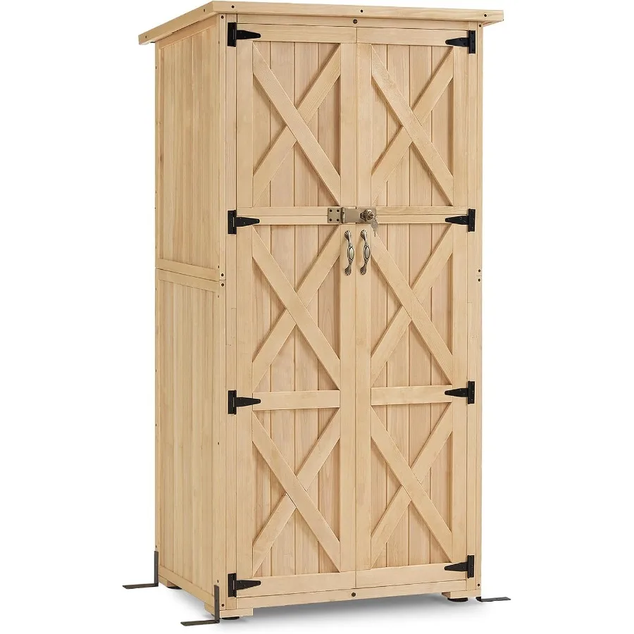 Outdoor storage cabinet for garden tools, wooden construction, natural wood color, weather-resistant with lockable dual doors f