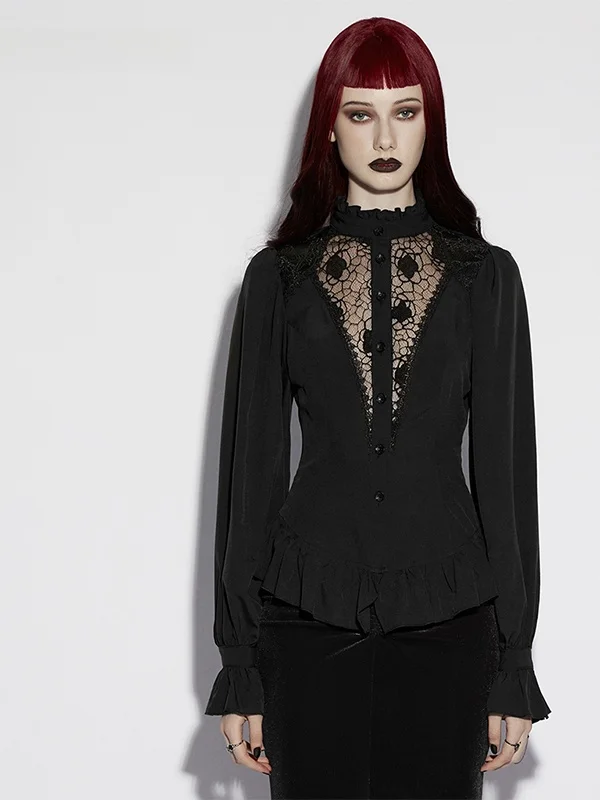

Gothic Style Long Sleeve Lace Hollow out Slim Fit Stand Collar Women's Shirt Dark Retro Button up Trendy Polyester Fiber