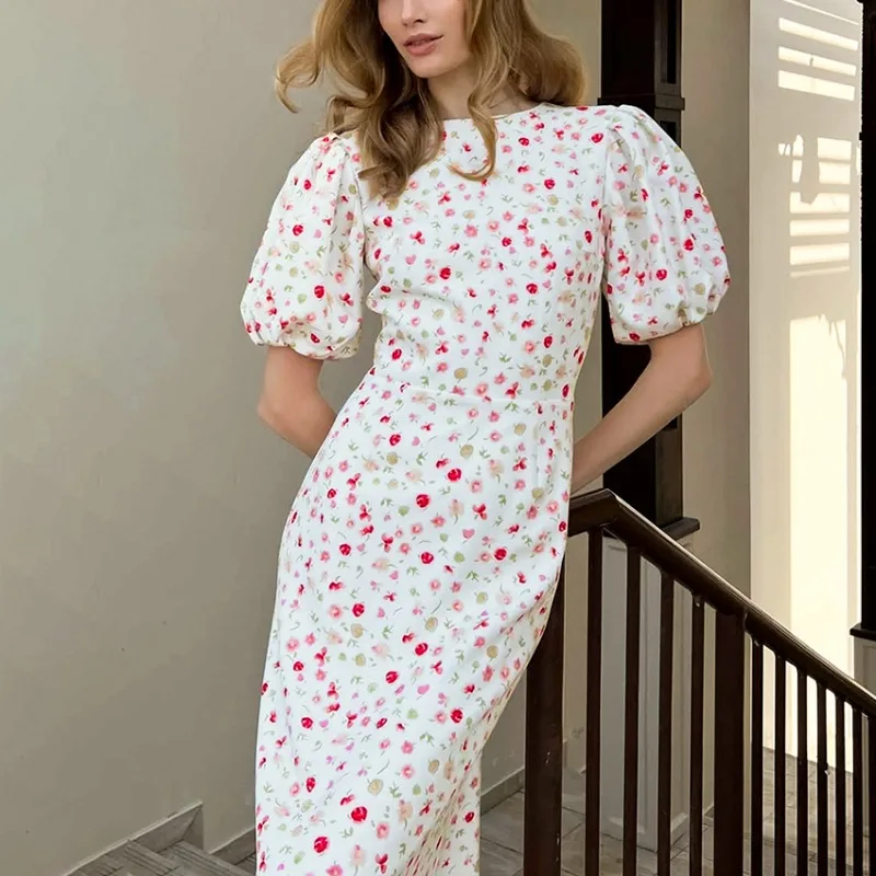 

Women's Floral Printed Sweet Dress Temperament Commuting New Fashion Womens Bubble Sleeves Summer Slim Waist Wrap Long Dresses