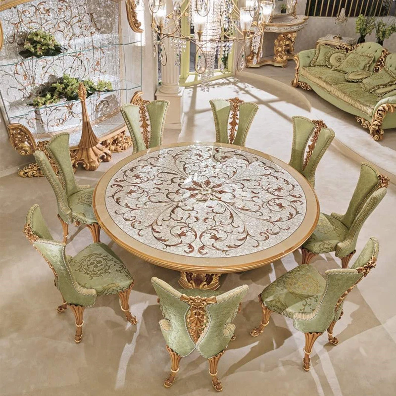 

French Classical Furniture Luxury Baroque Wooden Round Dining Table Set 8 Seats Antique Restaurant Furniture Set
