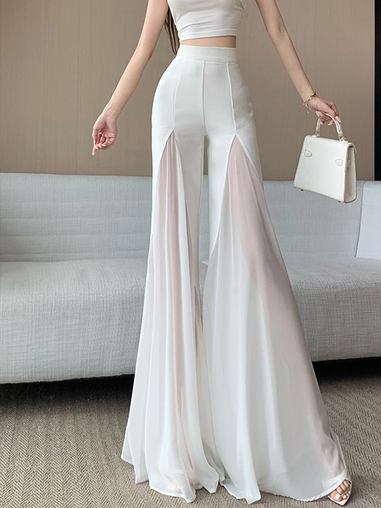 سراويل بيضاء شبكية على شكل ذيل السمكة للسيدات صيفية بتصميم رفيع بخصر عالٍ معلقة وملمس أنيق من الشيفون بأرجل واسعة