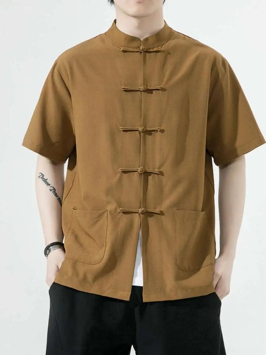 

New Summer Thin Ice Silk Short Sleeve Shirt Loose Fit Stand Collar Hanfu Menswear Large Size Casual Wear Pure Color Design