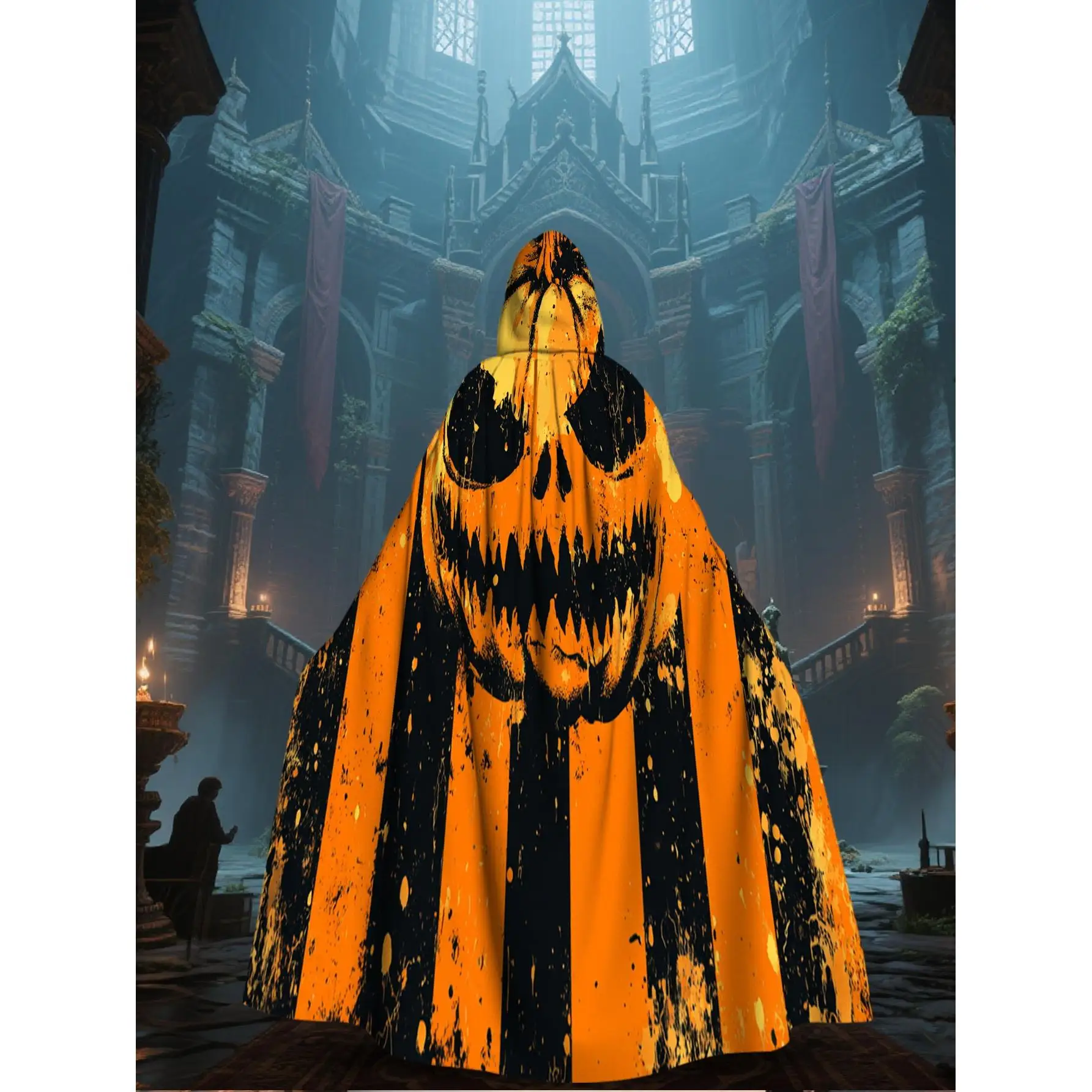 Hooded Cape Costume Scary Jack-O'-Lantern Face Mask-like Print with Black Orange Striped Sleeves Polyester Loose-Fit Halloween