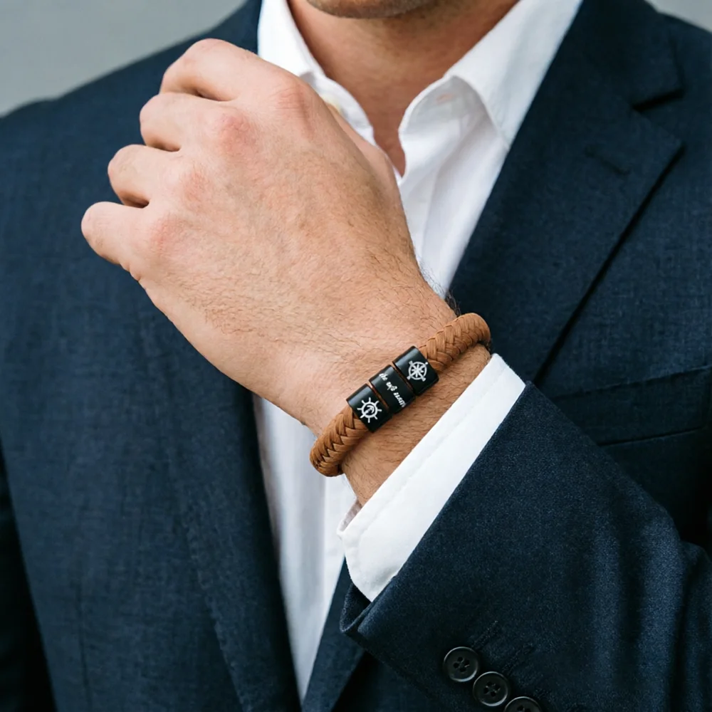 Unique PU Leather Braided Men Bracelet Anchor Compass Never Give Up Magnetic Clasp Luck Wrap Braslet Charm Homme Wrist Jewelry