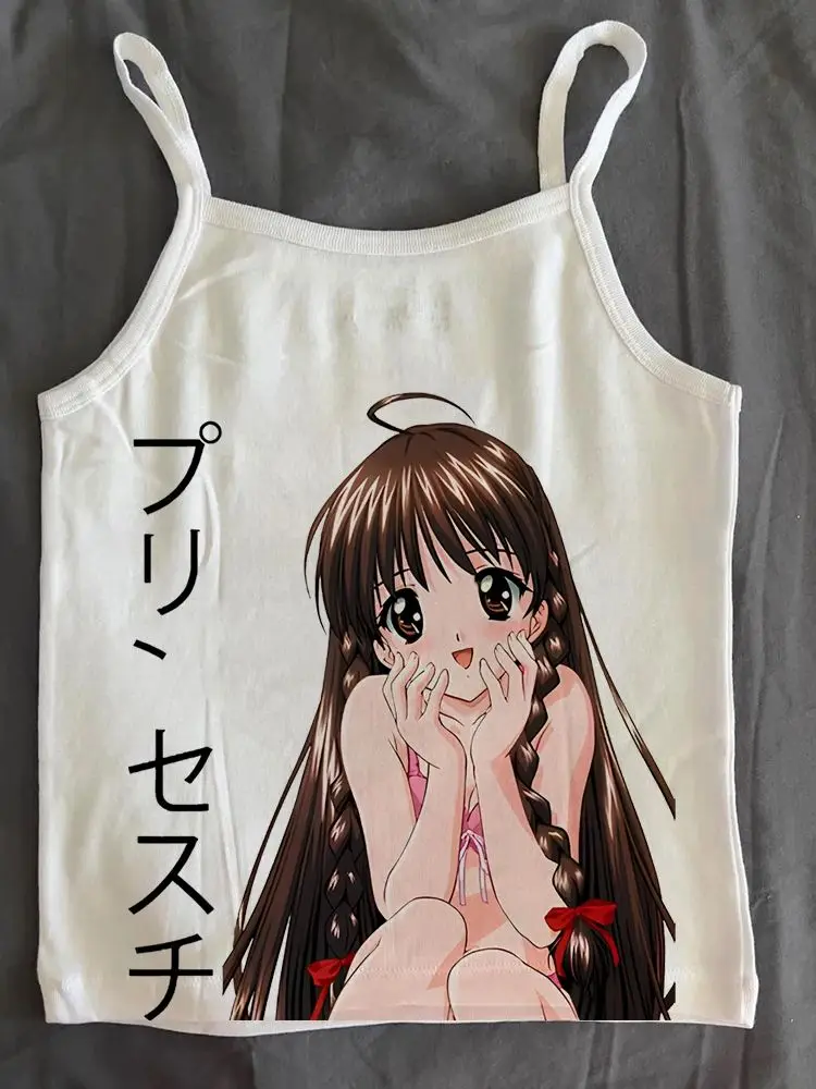 อะนิเมะการ์ตูน Y2K สไตล์ผู้หญิงสลิง Crop Tops Punk Letter พิมพ์สบายๆเสื้อน่ารัก Harajuku Vintage Gothic Streetwear