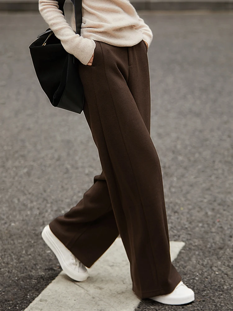 Calças Casuais de Cintura Alta com Pernas Retas e Largas para Mulheres, Cor Café, Inverno e Outono, Novas Calças Slimming Ci Walk