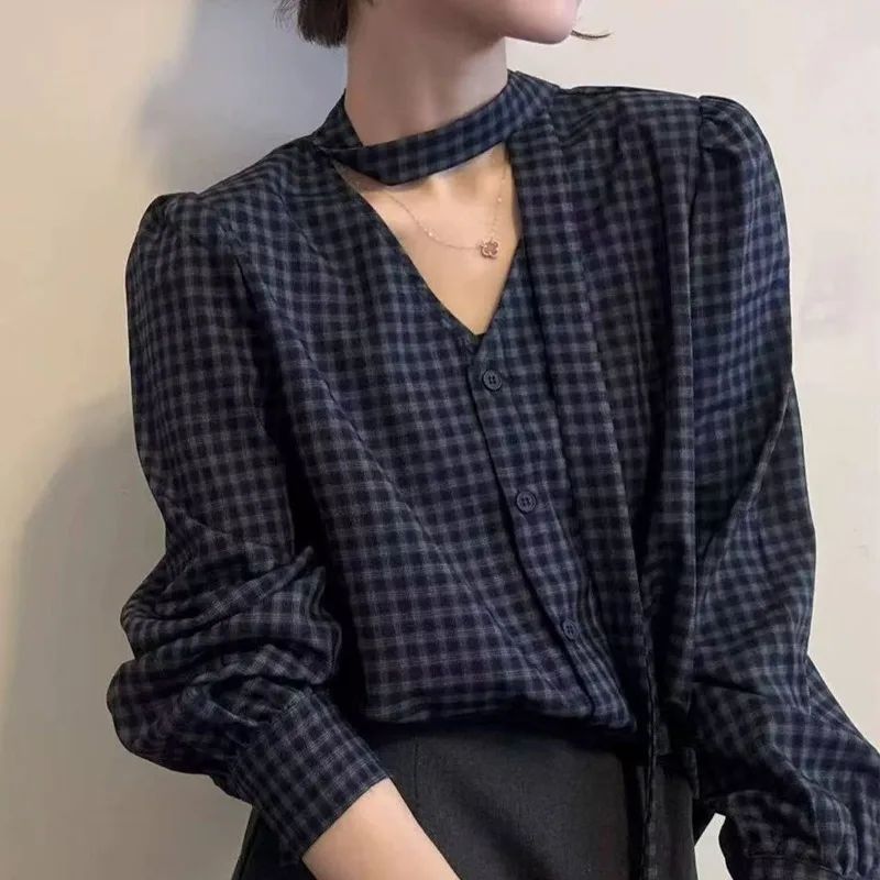 

Vintage Women's Blouses Plaid Casual Shirts Fashion Loose Spring/Summer V-neck Clothing Long Sleeves French Women Tops