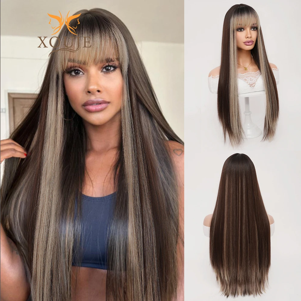 Natural Brown Highlighted Blonde Extra Long Straight Hair with Bangs Suitable for Women Daily Wear Soft Synthetic Hair Suitable