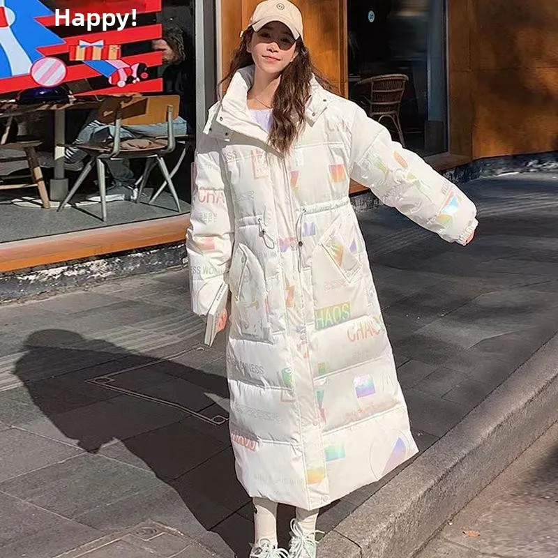 

Утепленное женское зимнее пальто из хлопка с принтом, свободного кроя, до колен, с гладкой поверхностью, не требующее особого ухода