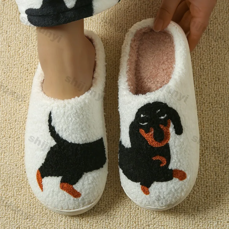 

Cute Dog Cotton Shoes Couple 2025 Fashion Cartoon Flat Home Slippers Women's Comfortable Non Slip Plush Ladies Slides